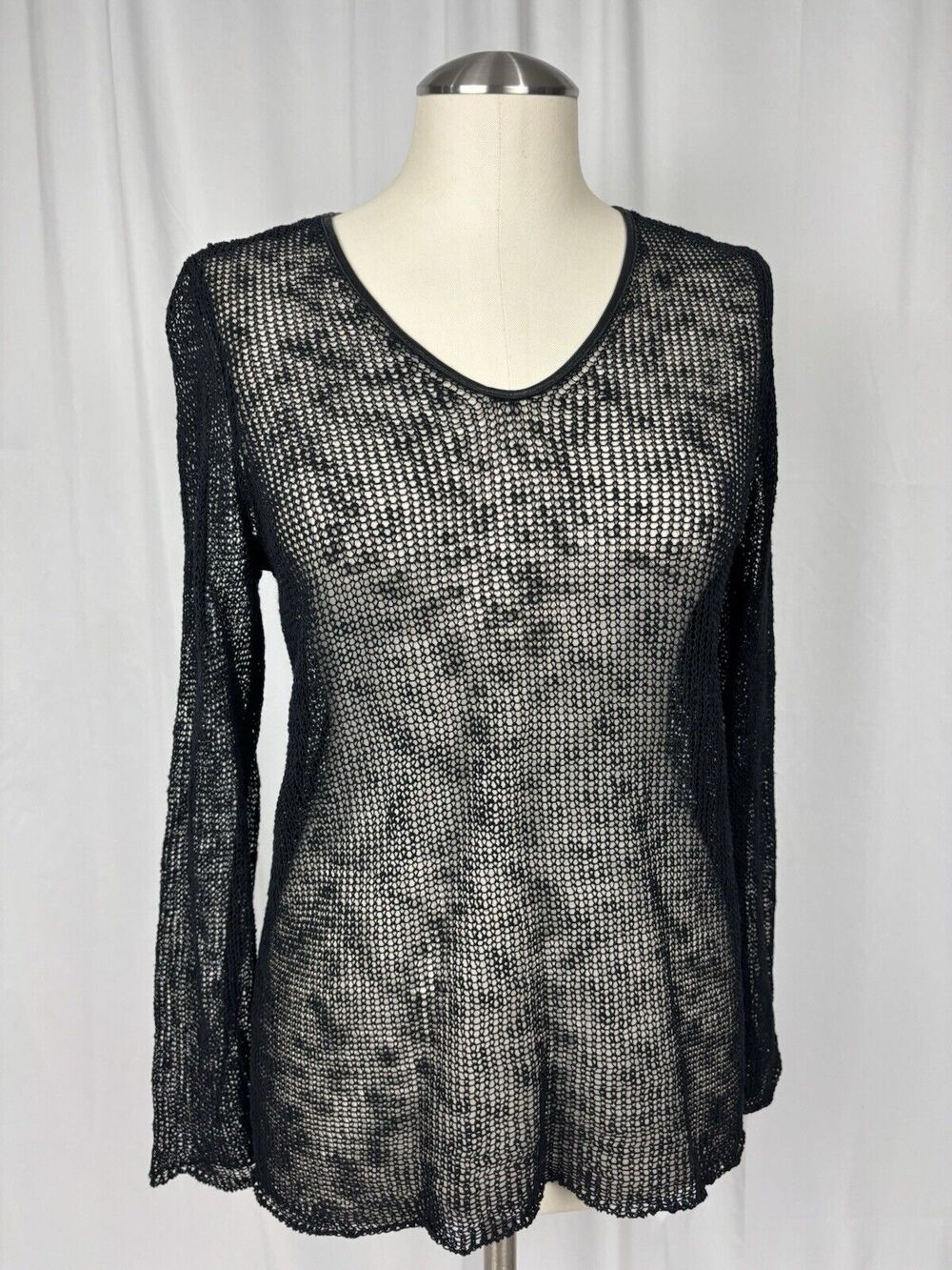 Eileen Fisher Black Linen Blend Open Knit Leather Trim Pullover Size XS